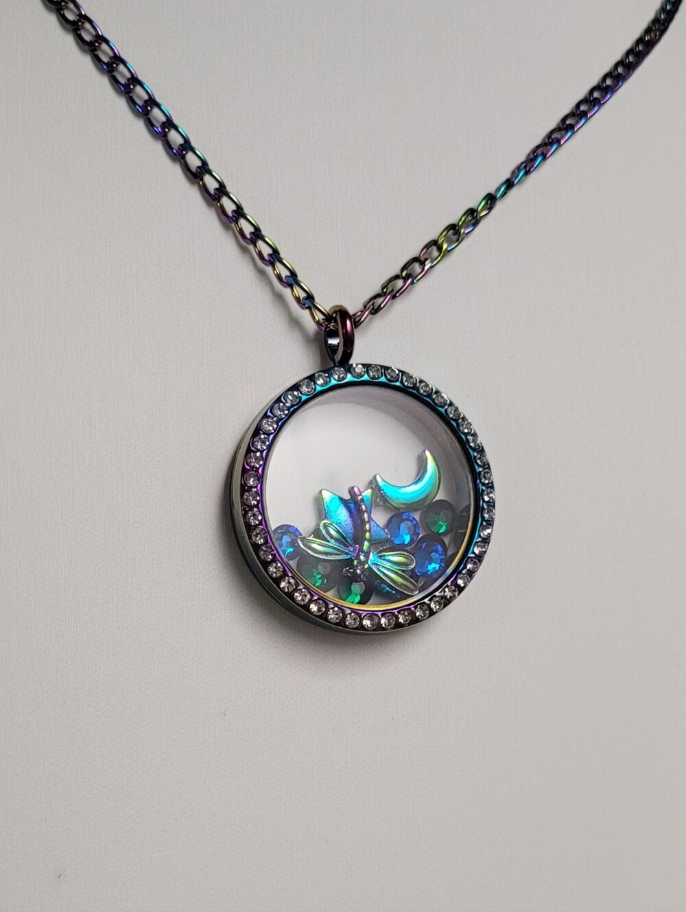 Swarovski Crystals Iridescent Blue-Green Floating Charm Locket Necklace